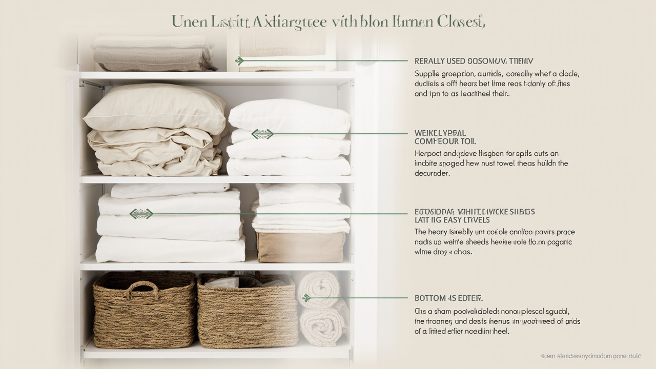 Linen closet vertical 3-zone strategy infographic showing top middle and bottom shelf roles