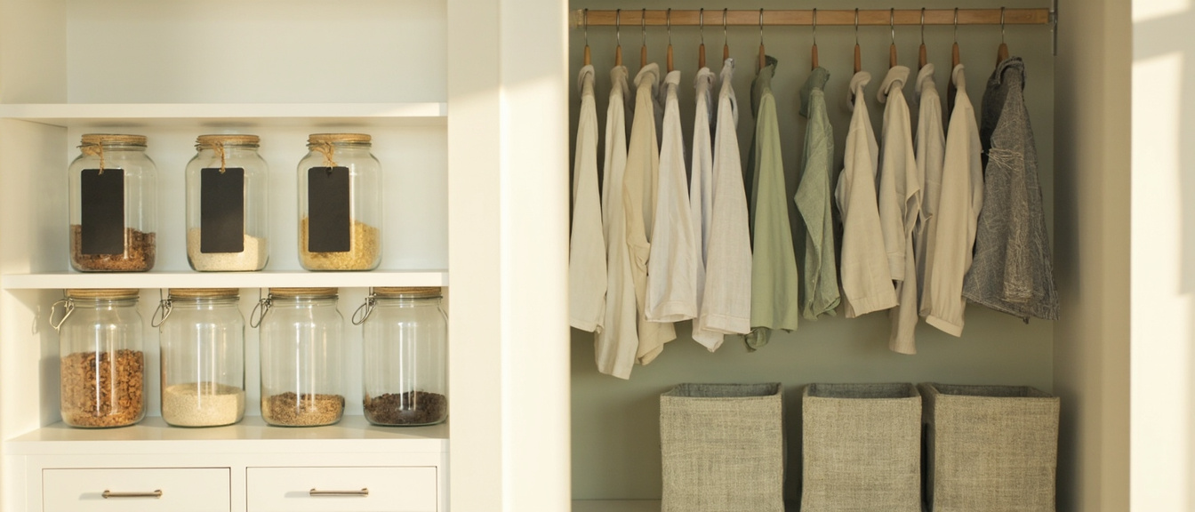 Split-screen: pantry with chalkboard labels left, tidy bedroom closet with matching hangers and fabric bins right