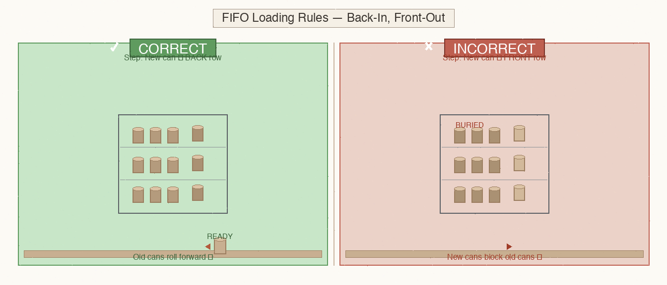 Before-and-after showing cans loaded in back of rack (FIFO correct) versus cans loaded in front (FIFO incorrect)