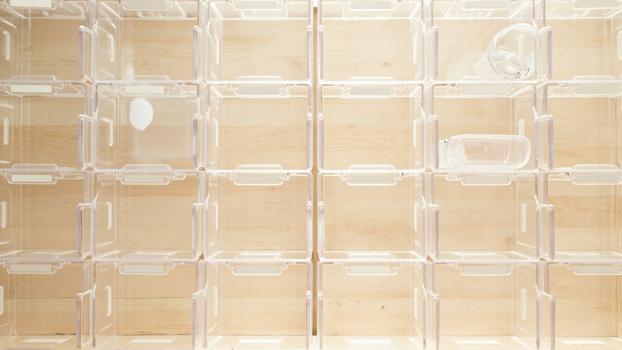 Overhead view of matching clear bins in an even row on wood