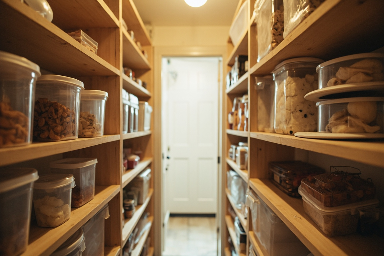 Walk-in pantry with wooden shelves on both walls, clear containers grouped by type along a narrow central aisle