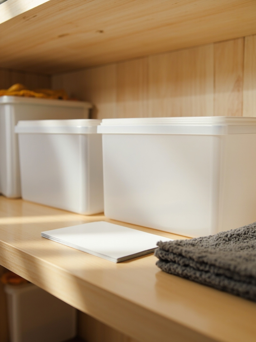 Three matching white lidded bins on a pantry shelf with a folded gray cloth and a blank label card