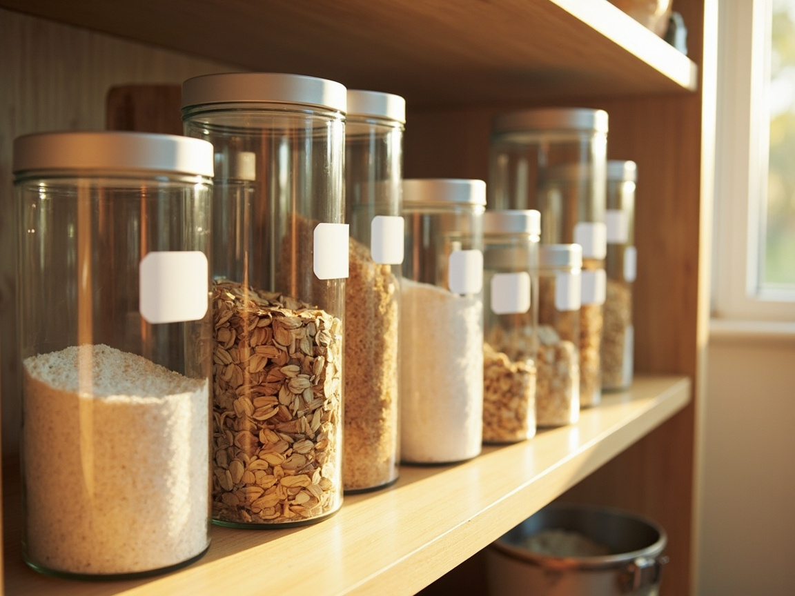 Pantry Zone 1: baking supplies in matching airtight containers with minimalist labels on a wood middle shelf
