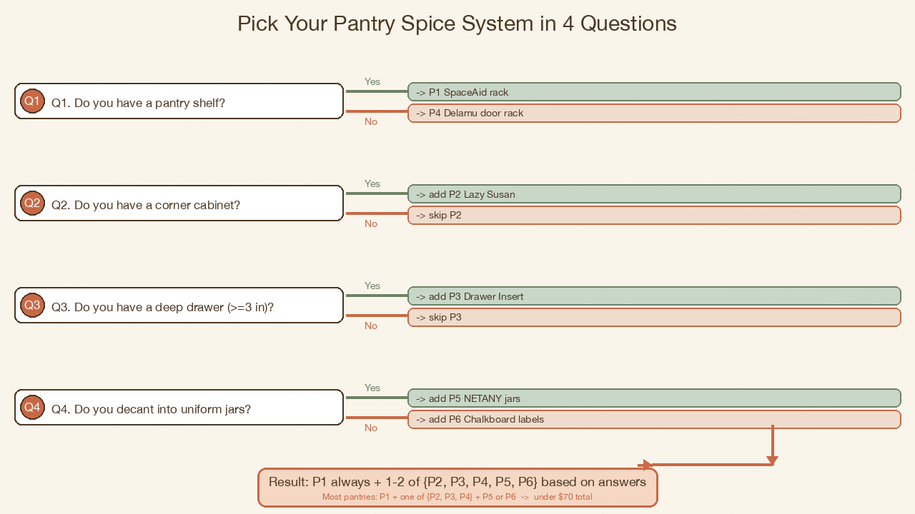 Flowchart infographic with 4 binary questions for picking pantry spice products