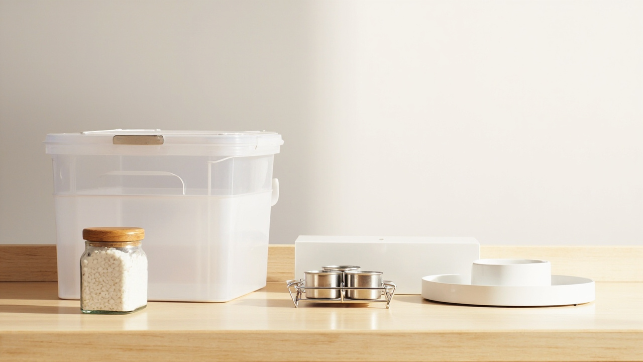 Mixed pantry storage types on a shelf: clear bins, jars, can rack, and turntable