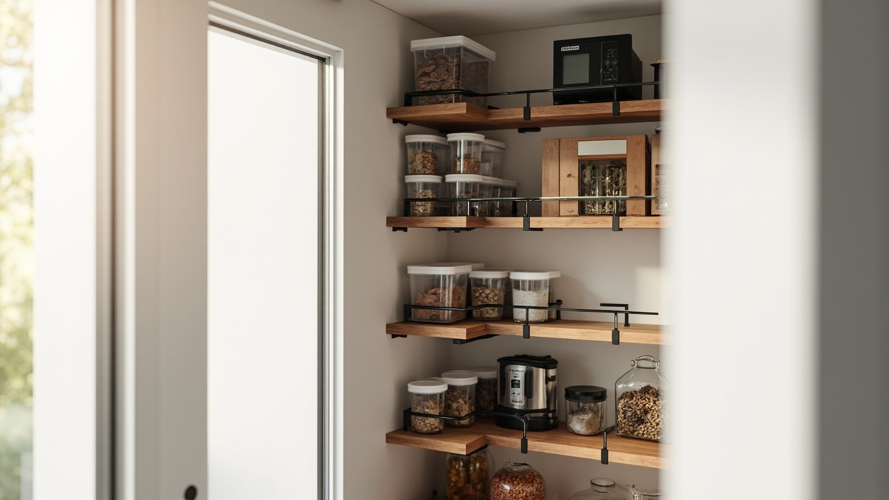 L-shaped bookcase used as an open pantry in an unused kitchen corner