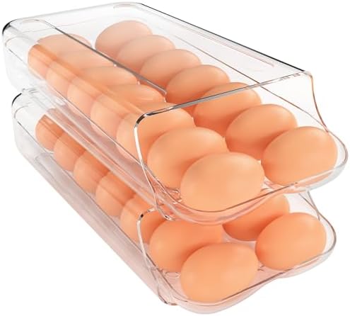 Egg Holder for Fridge, Automatic Rolling Egg Container, Clear, 2Pack