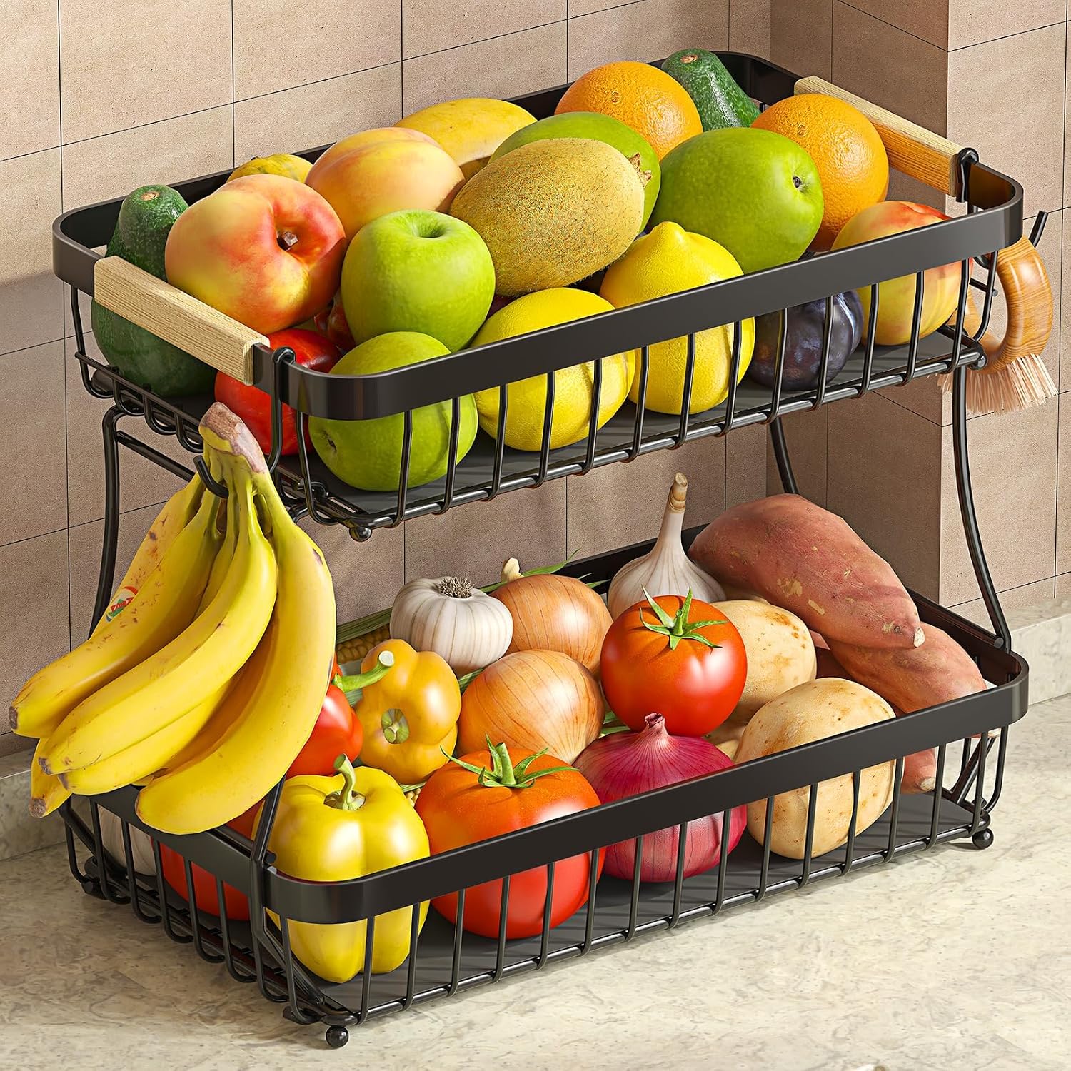 Sevenblue 2-Tier Fruit Basket with Banana Hangers