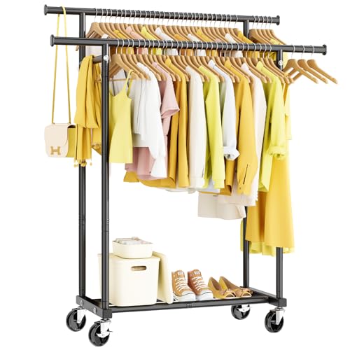 HYSEYY Double Rods Rolling Clothes Rack, Portable Wardrobe Rack