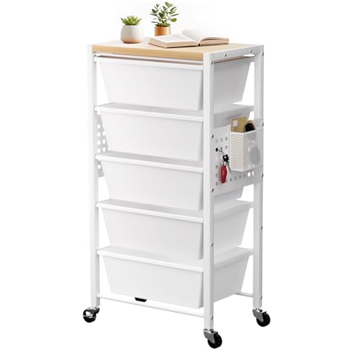 Rolling Cart with 5 Drawers, Plastic Drawer Storage Carts with Wheels & Wooden Tabletop, Metal Utility Cart with Pegboards, Office Living Room Classroom Craft Organization and Storage, Bright White